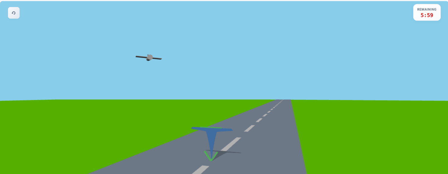 Het speelveld van de Hand-Oog-Voet Coördinatietest: het blauwe vliegtuig boven de landingsbaan, gecentreerd in de groene doelpoort