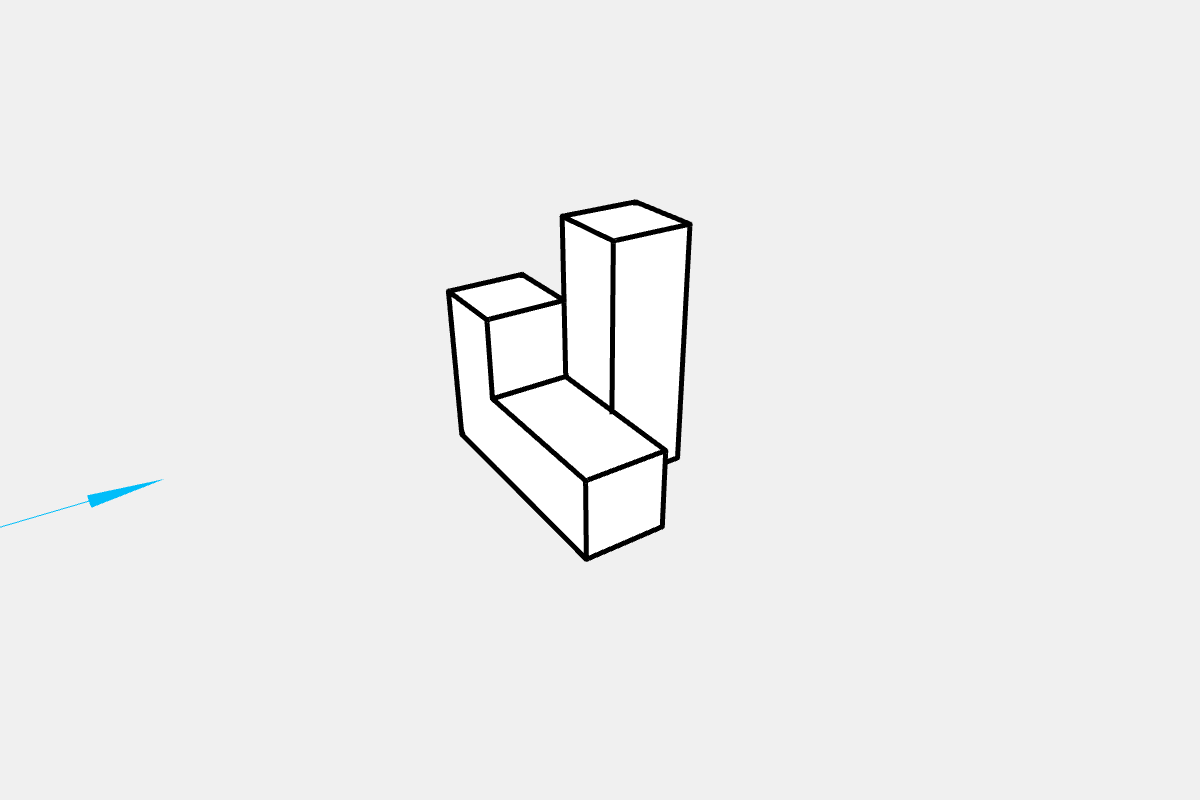 Het 3D-model van de voorbeeldvraag: witte blokken met een blauwe pijl die van voren op het model wijst